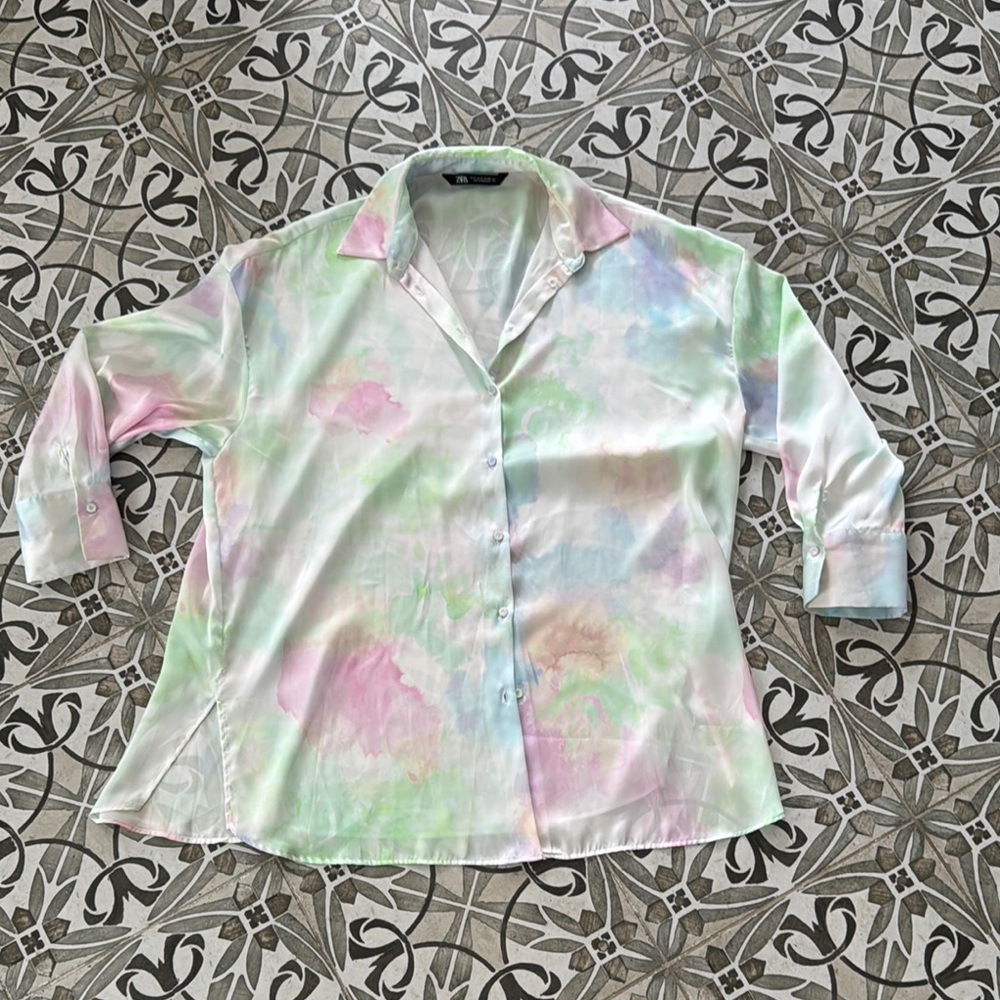 Zara Pink and Green Boxy Button Down Shirt